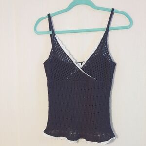 Vintage Navy Blue Knit Lace Trim Top Small